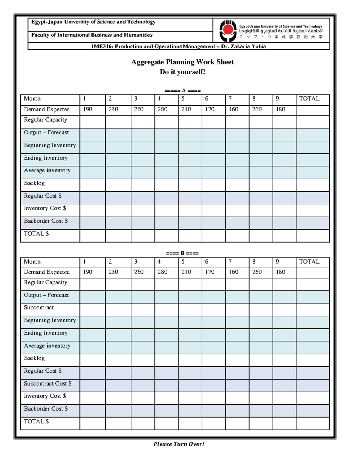 P&OM IME316 L05 Aggregate Planning Work Sheet Spring 2025 - FIBH - Studocu