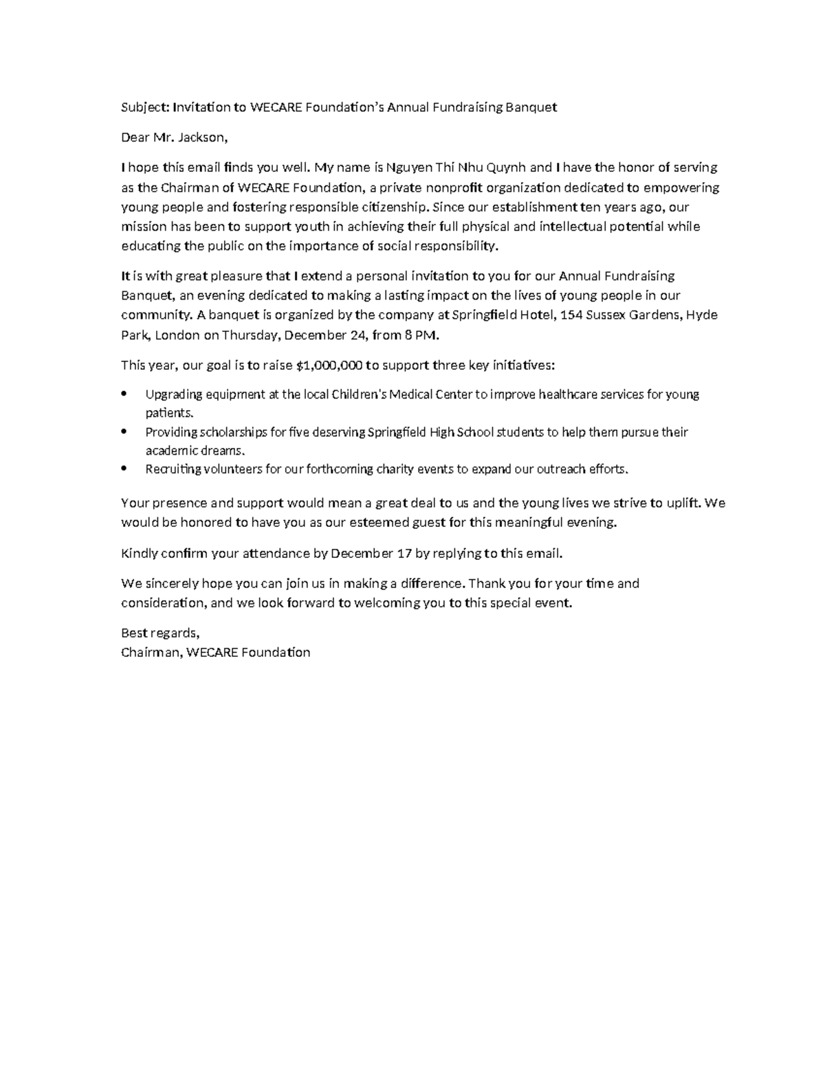 C0B1- homework 2 - Subject: Invitation to WECARE Foundation’s Annual ...