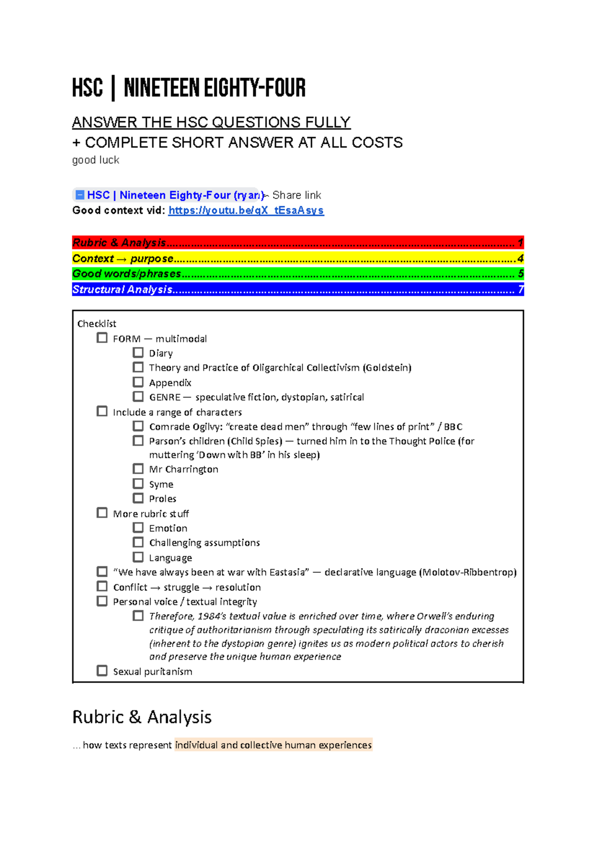 HSC Nineteen Short Answer Q & Summary Notes on 1984 Analysis - Studocu