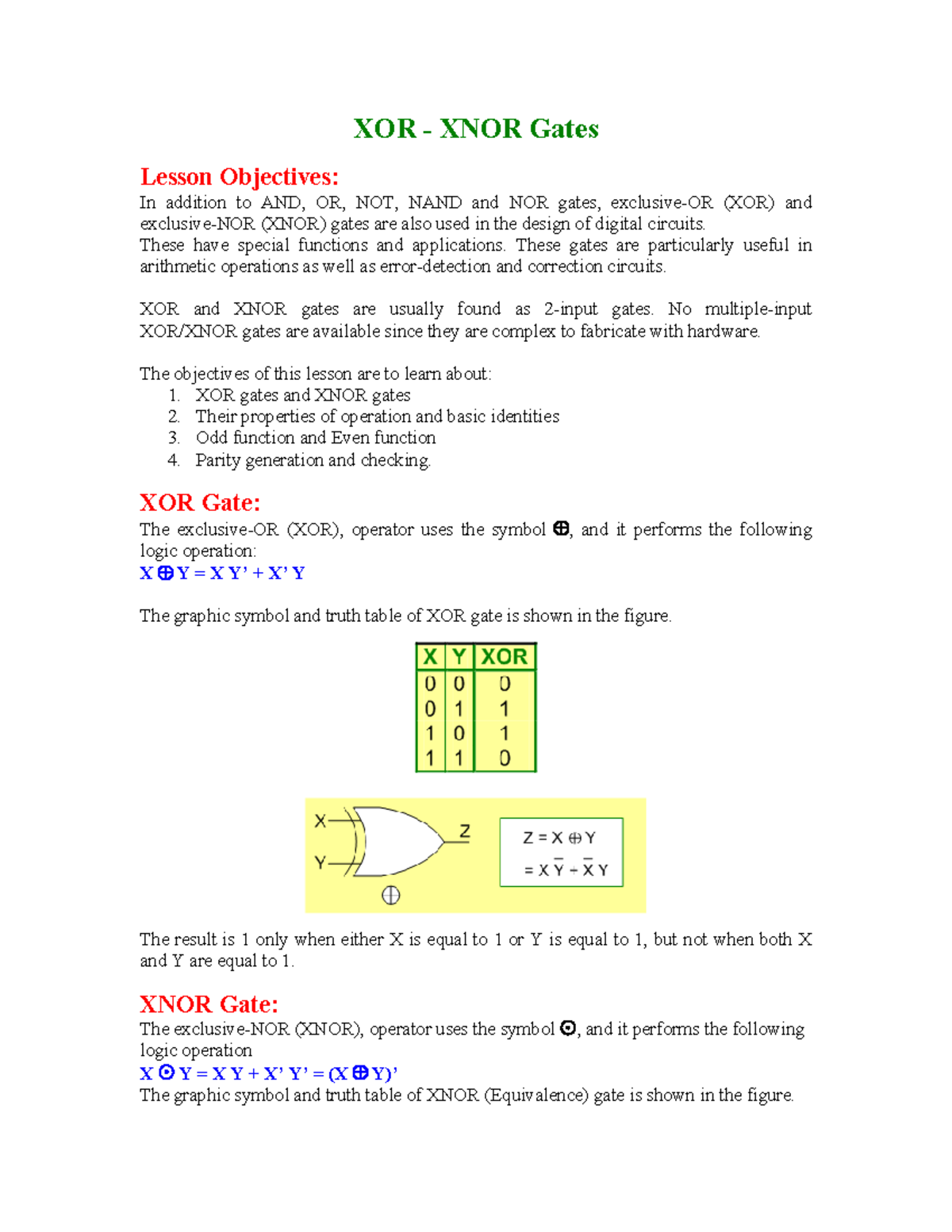 XOR XNOR - XOR XNOR gate - XOR - XNOR Gates Lesson Objectives: In ...