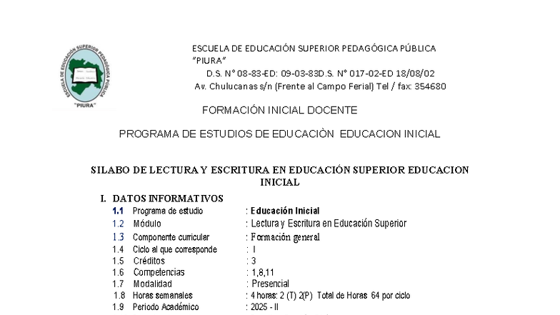 Sílabo de Lectura y Escritura en Educación Superior - Educación Inicial ...