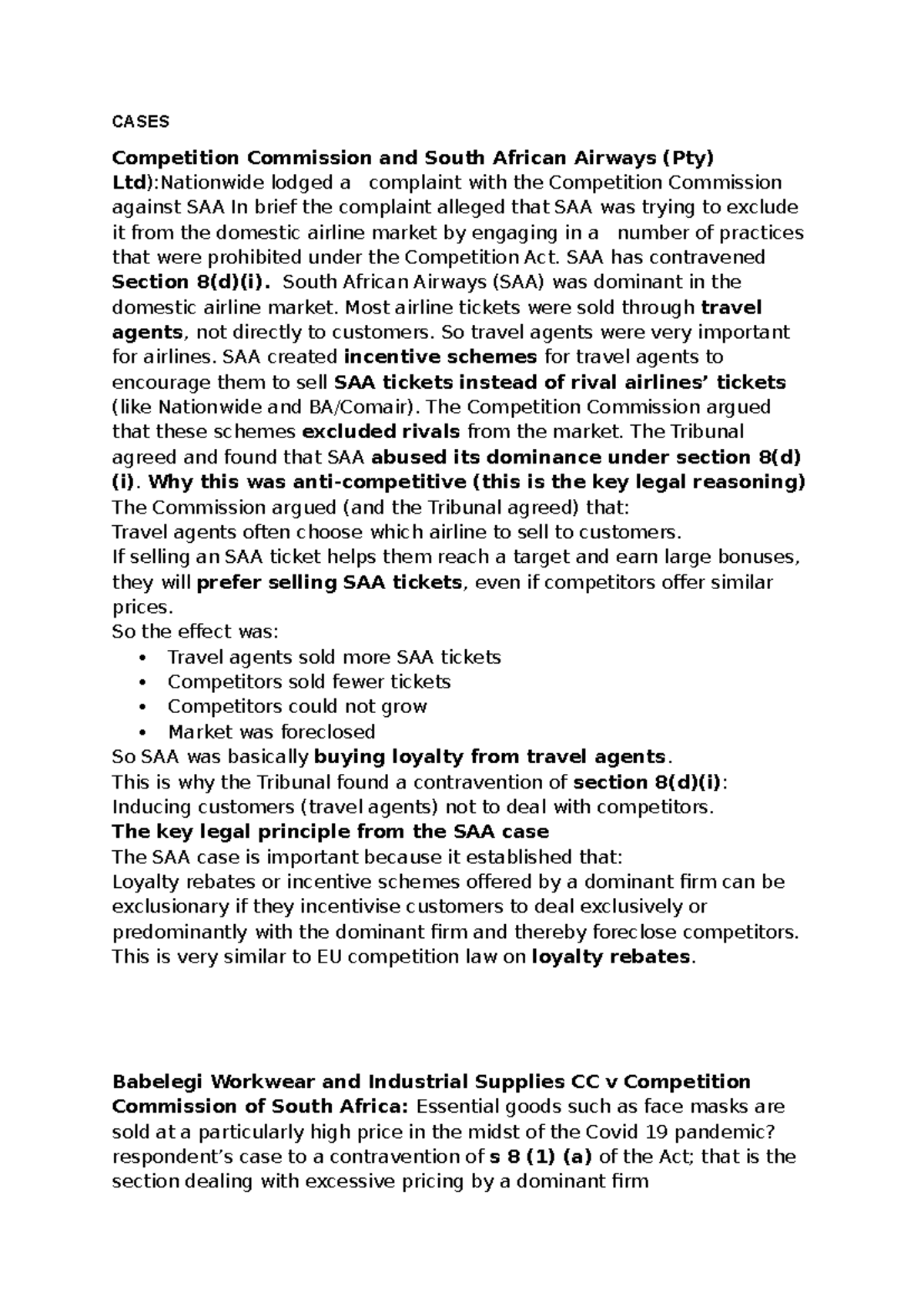 Cases - Competition Law Notes: SAA & Babelegi Analysis - Studocu
