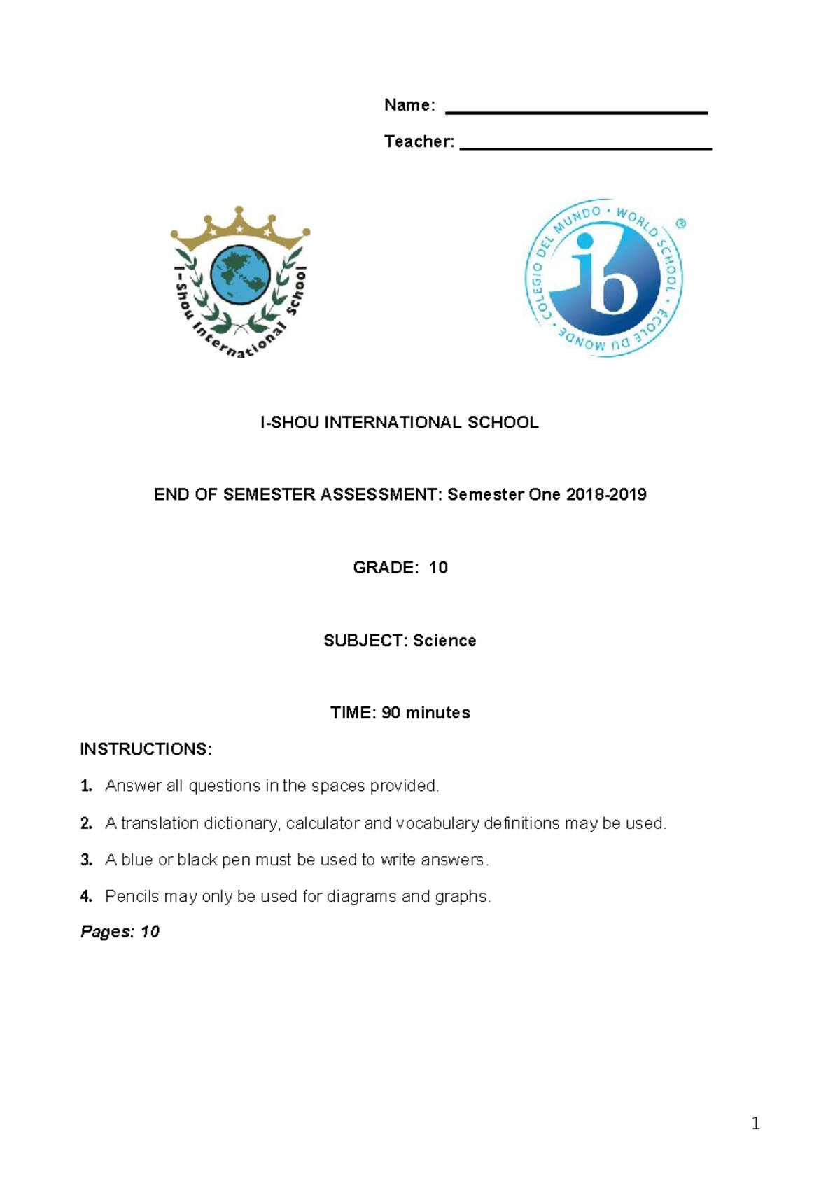 Grade 10 Science End of Sem 1 Exam 2018 - Final Assessment - Studocu
