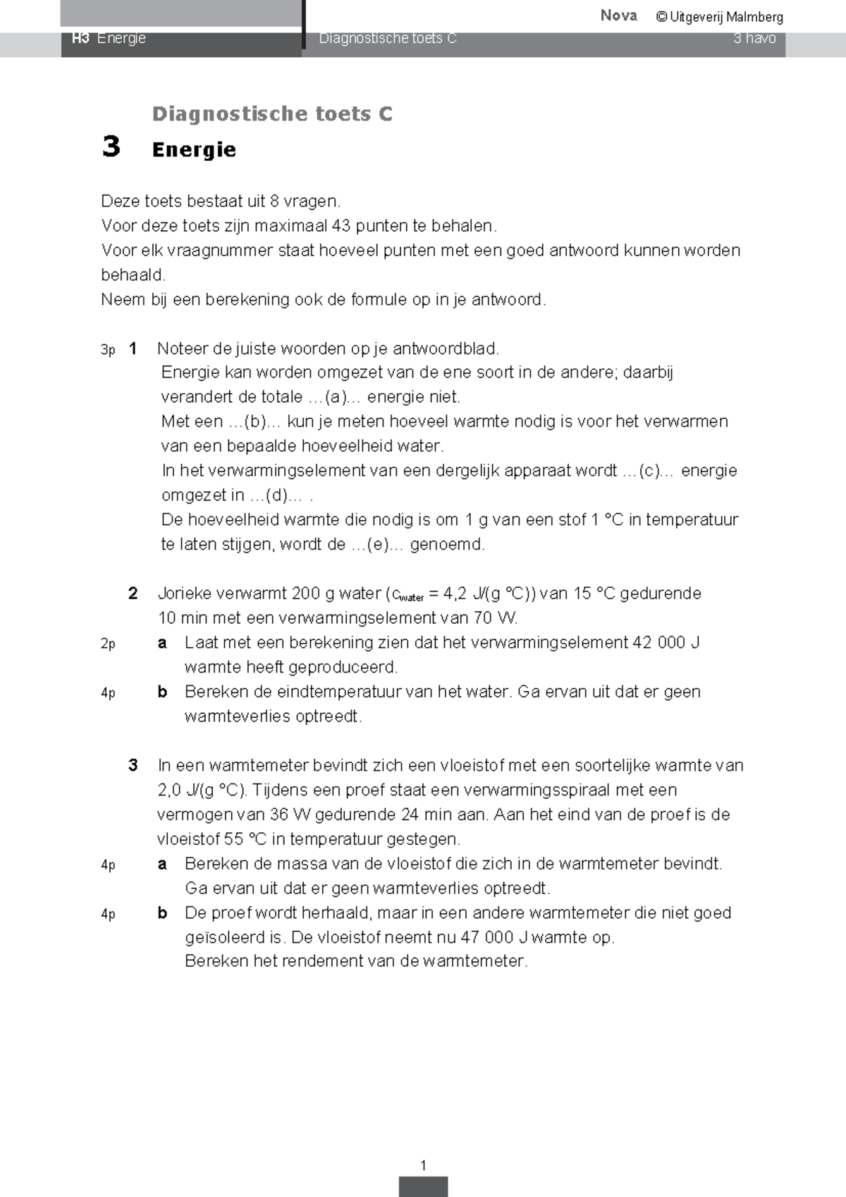 Nova H3 Energie Diagnostische Toets C 3 Havo - Oefenvragen en ...