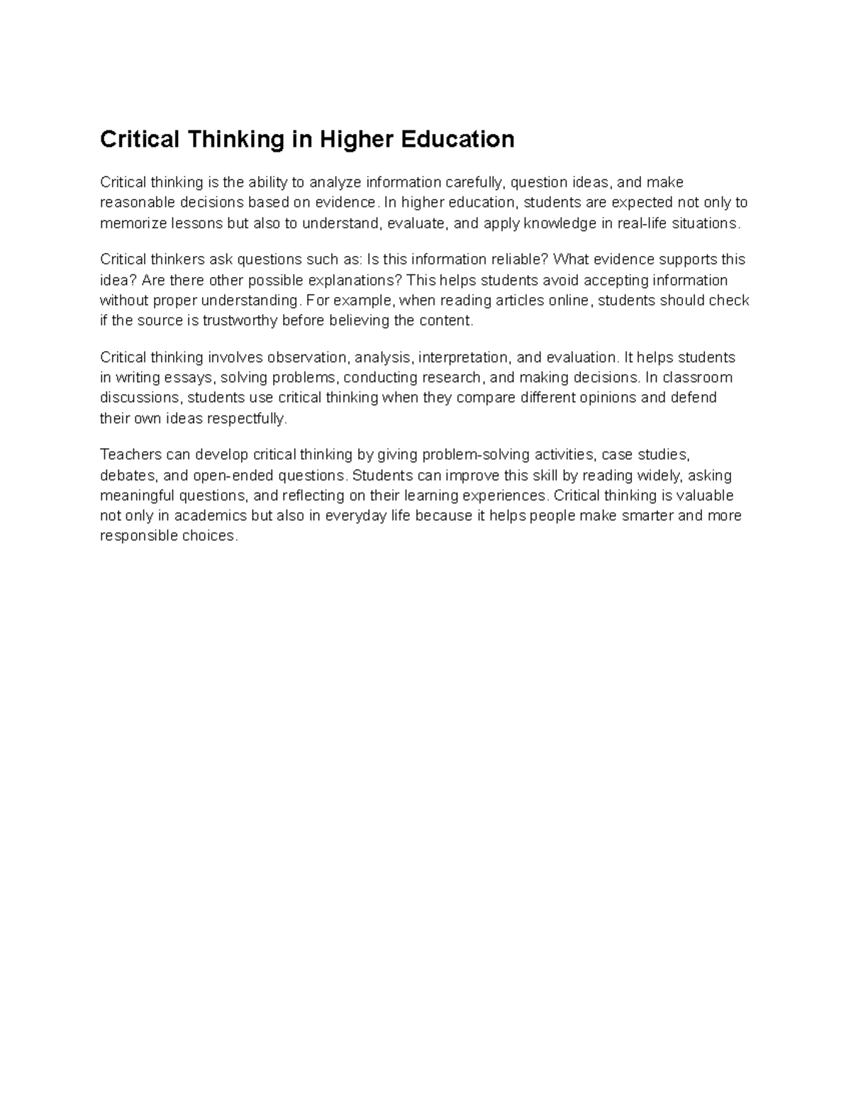 Critical Thinking in Higher Education: Skills and Applications - Studocu