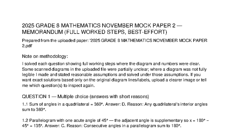 2025 GRADE 8 MATHEMATICS NOVEMBER MOCK PAPER 2 MEMO (FULL SOLUTIONS ...