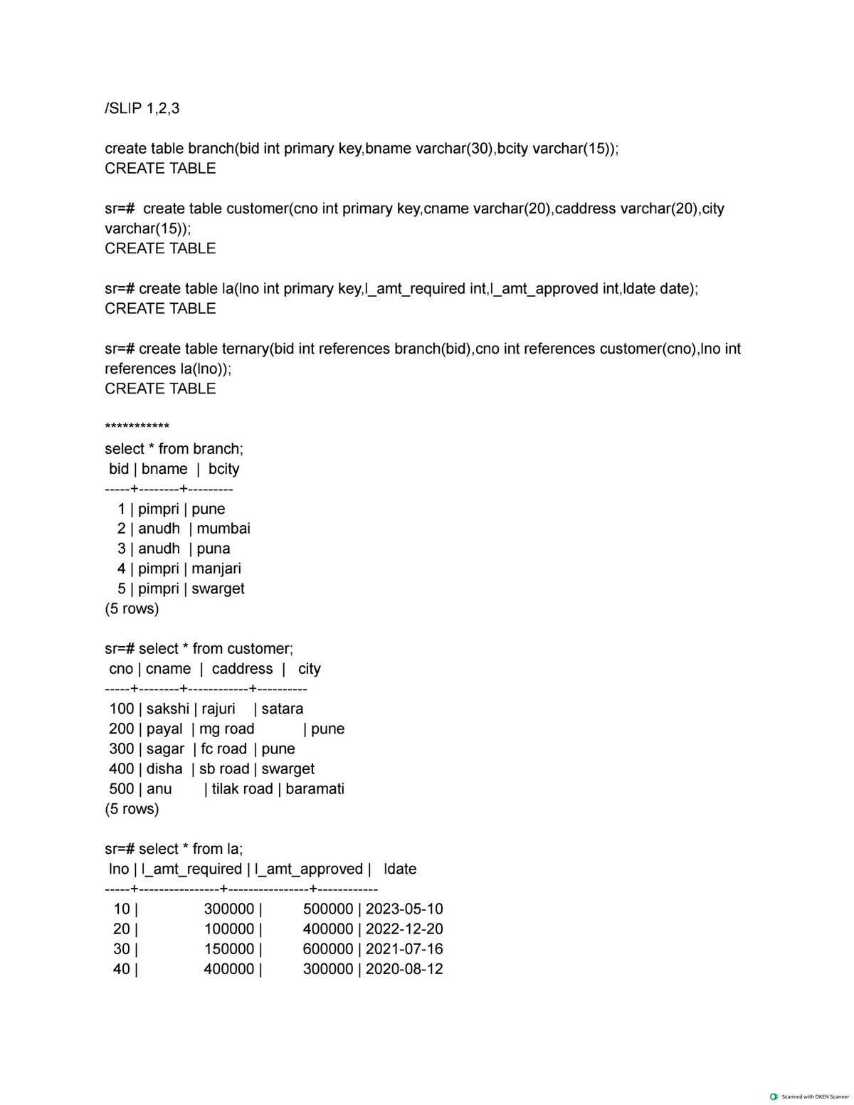 Rdbms slip solutions - Rdbma solution - 1,2,3 create table branch(bid ...