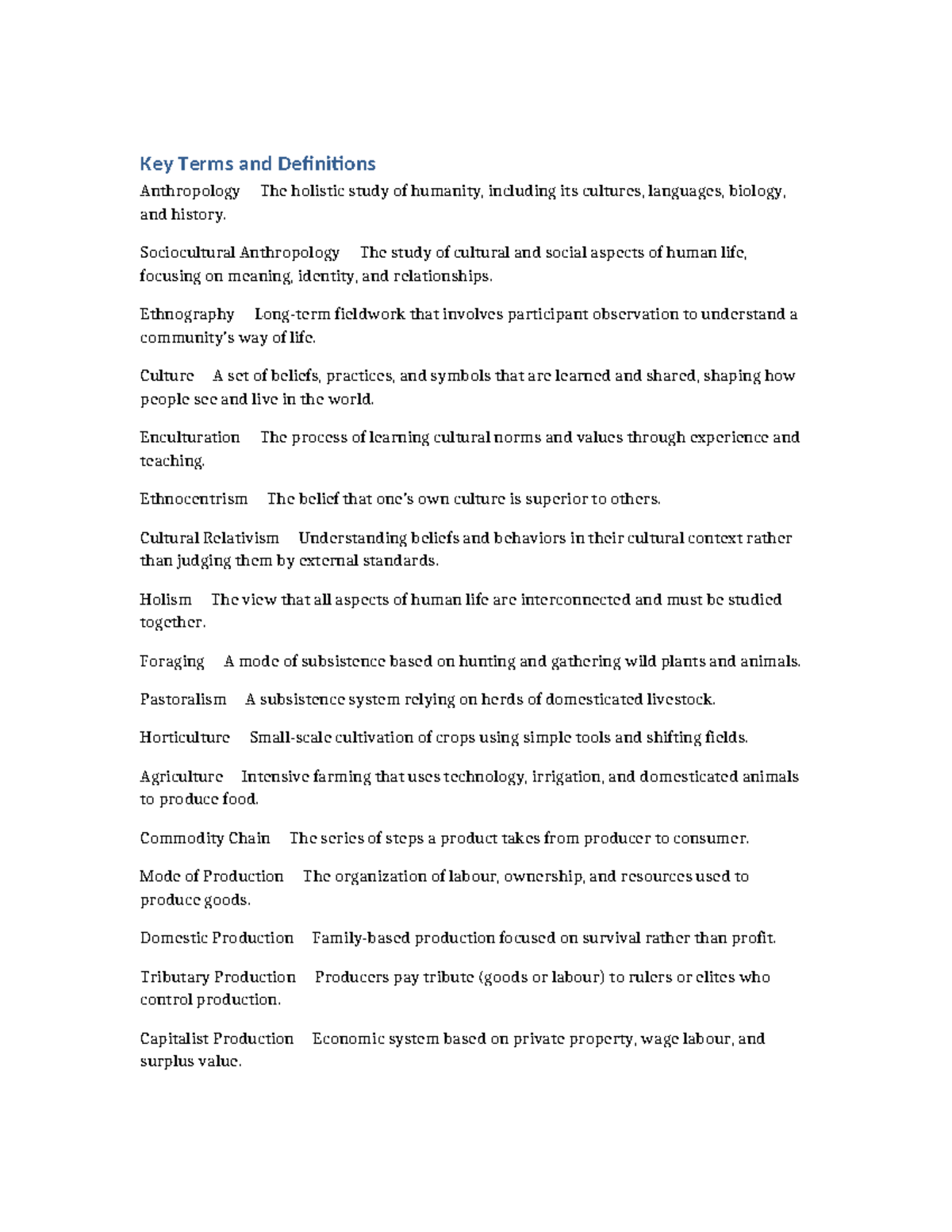 Key Terms and Definitions for ANTH 101: Understanding Humanity - Studocu