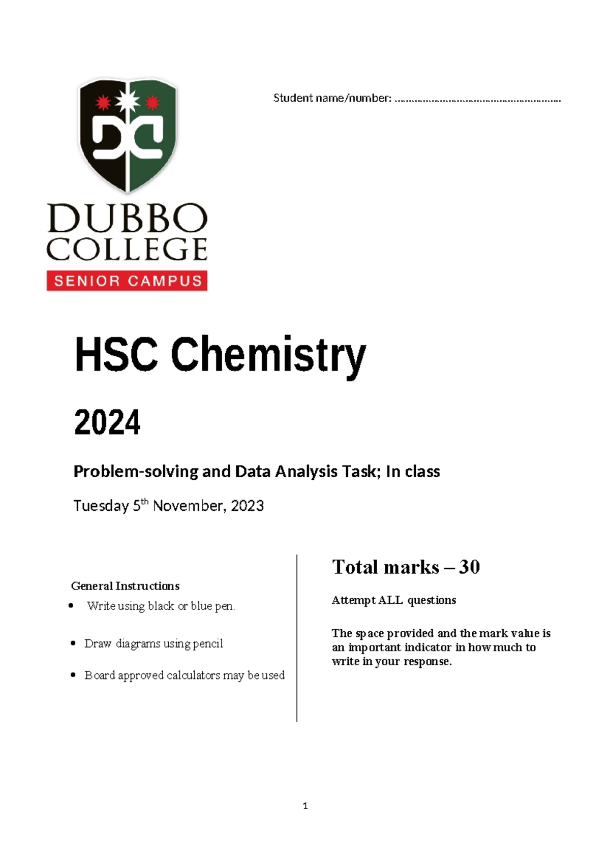 12 Chemistry Task 1 2024 - Final Exam Question Paper - Studocu