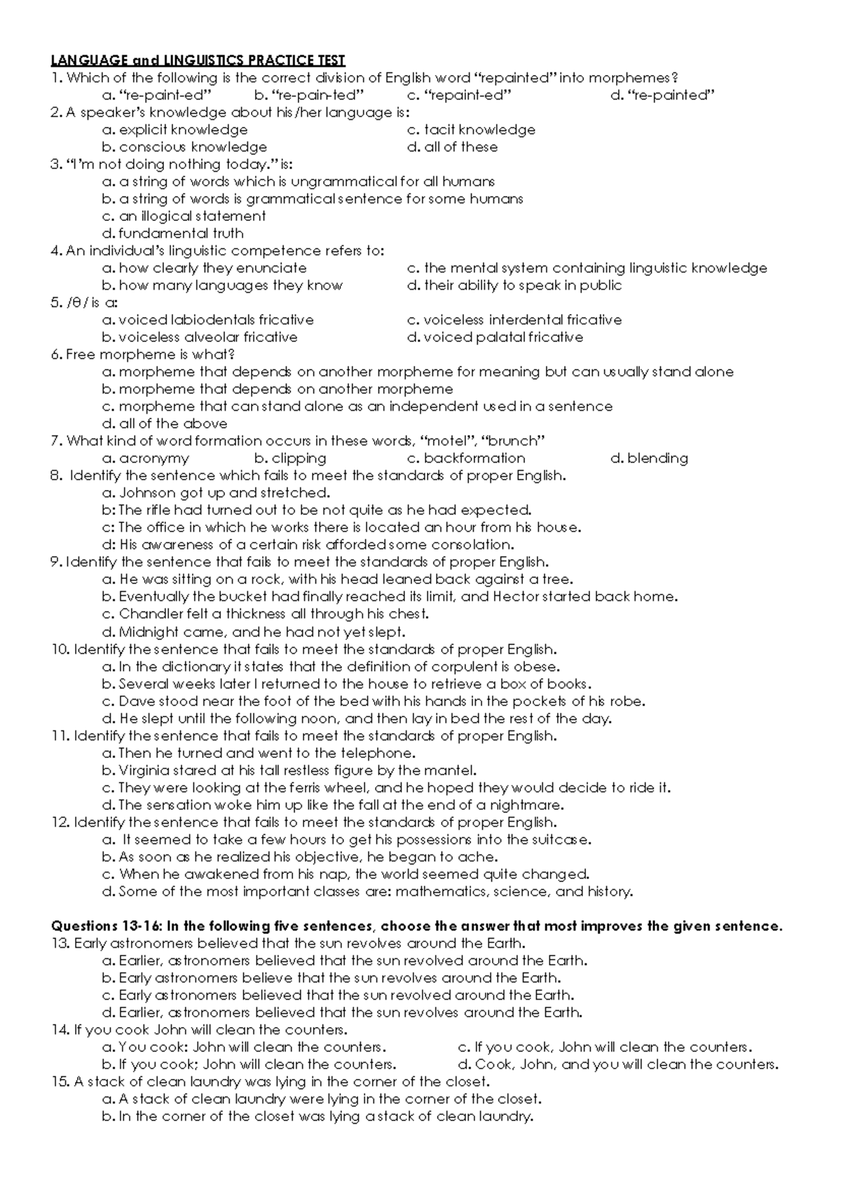 Language and Linguistics Practice Test - LANGUAGE and LINGUISTICS ...