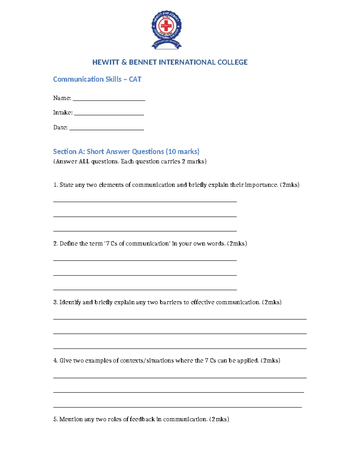 HEWITT BENNET INT'L COLLEGE Communication Skills CAT (2) OJ - Studocu