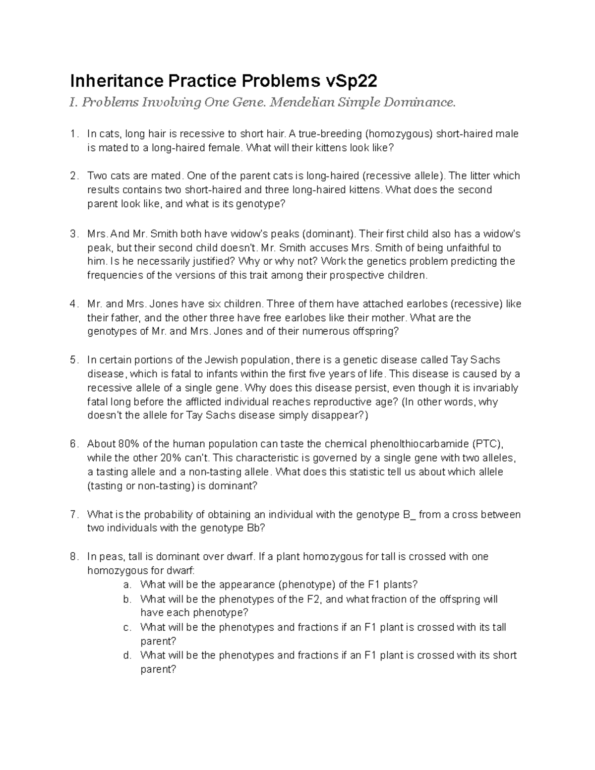 Inheritance Practice Problems - Problems Involving One Gene. Mendelian ...