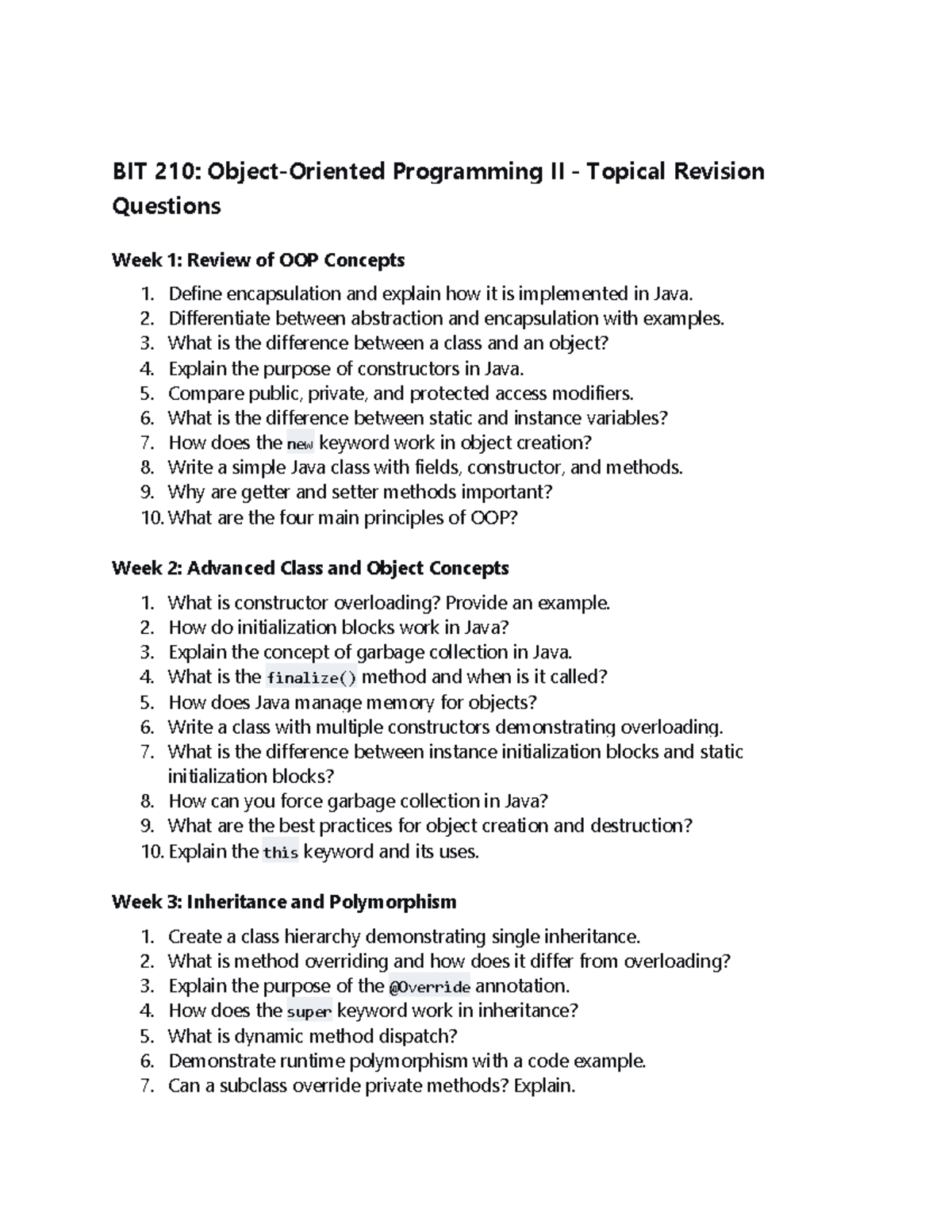 BIT 210: Programming II Topical Revision Questions and Exercises - Studocu