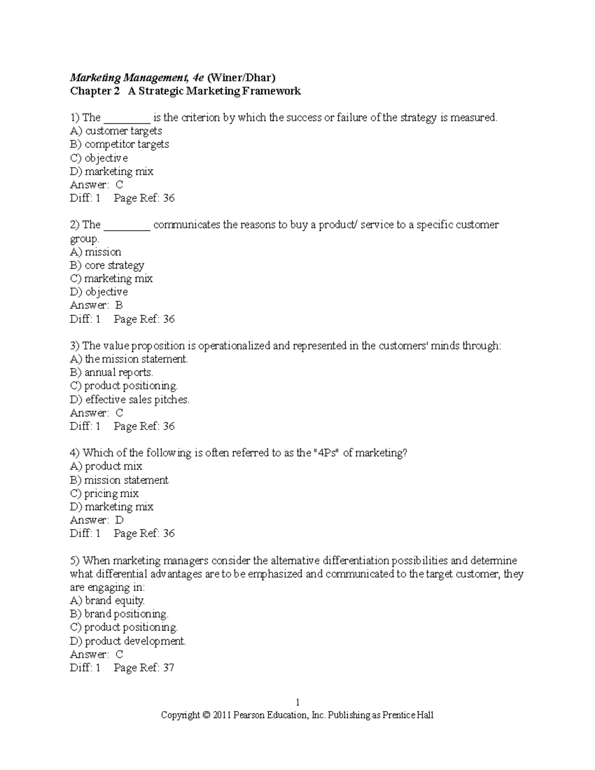 Chapter 2 Marketing Management Test Bank: Strategies & Objectives - Studocu