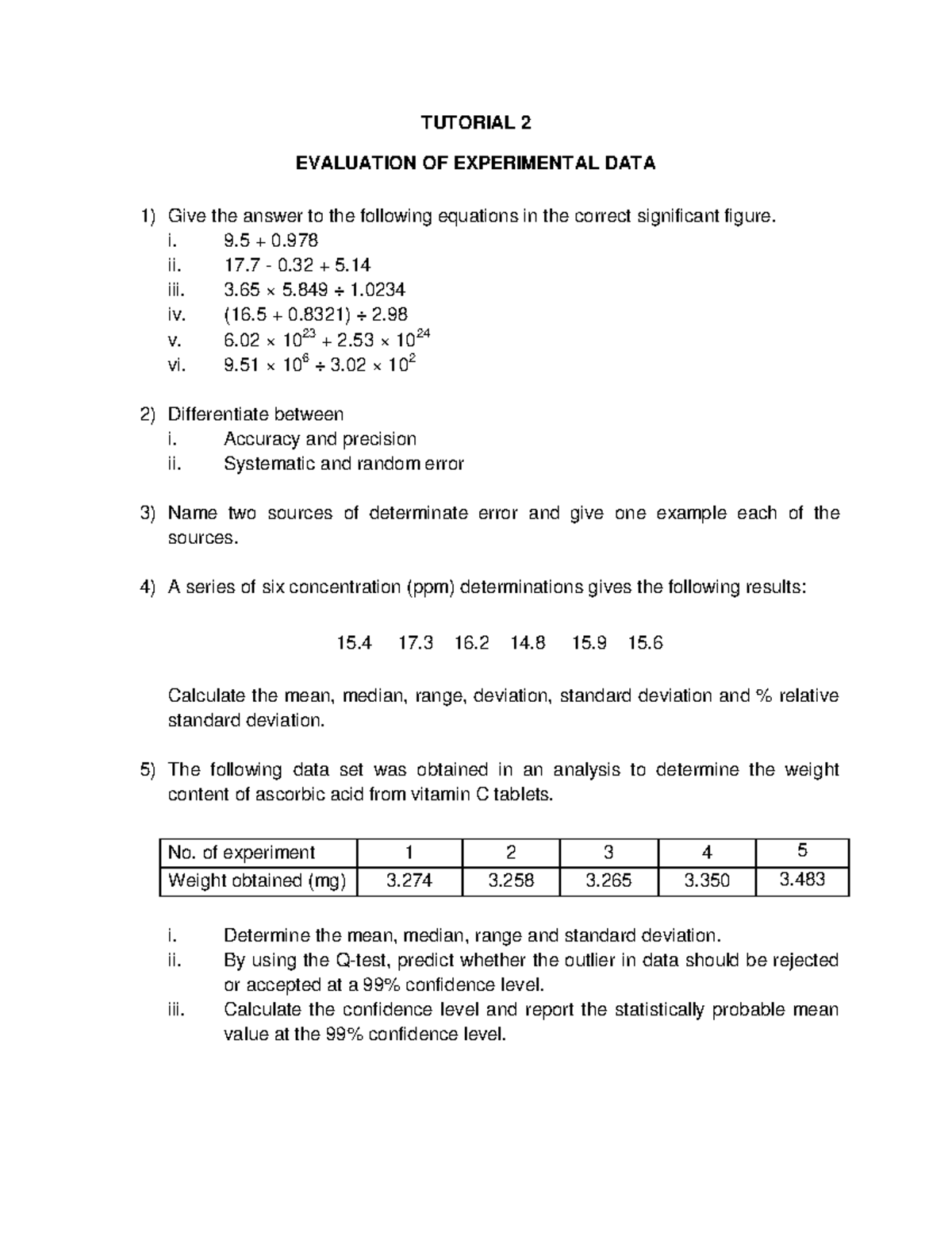 STA108 TUTORIAL 2: Evaluation of Experimental Data and Calculations ...