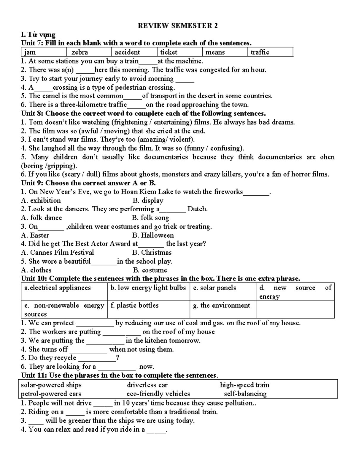 REVIEW SEMESTER 2: Vocabulary and Grammar Exercises for Grade 7 - Studocu