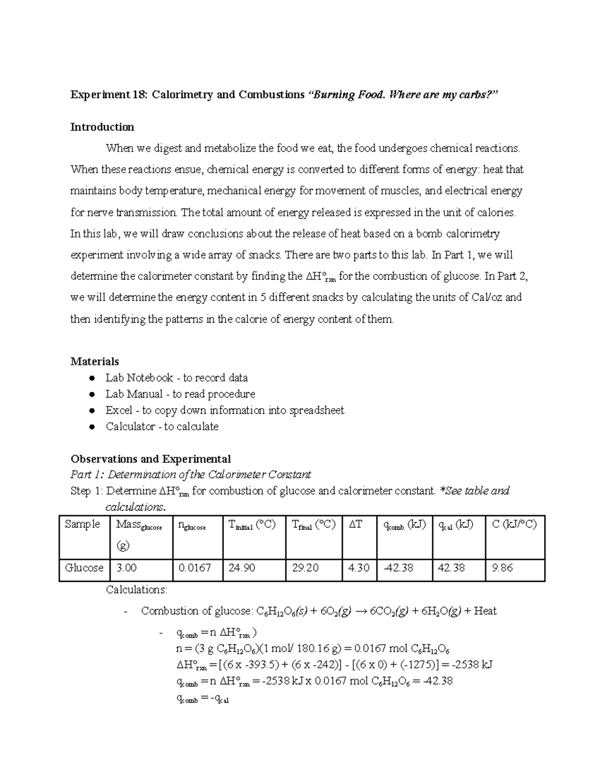Lab 18 - Calorimetry and Combustion Experiment Report - Studocu
