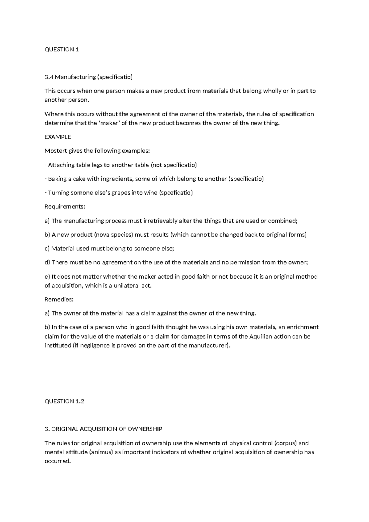 Question 1: Manufacturing and Original Acquisition of Ownership ...