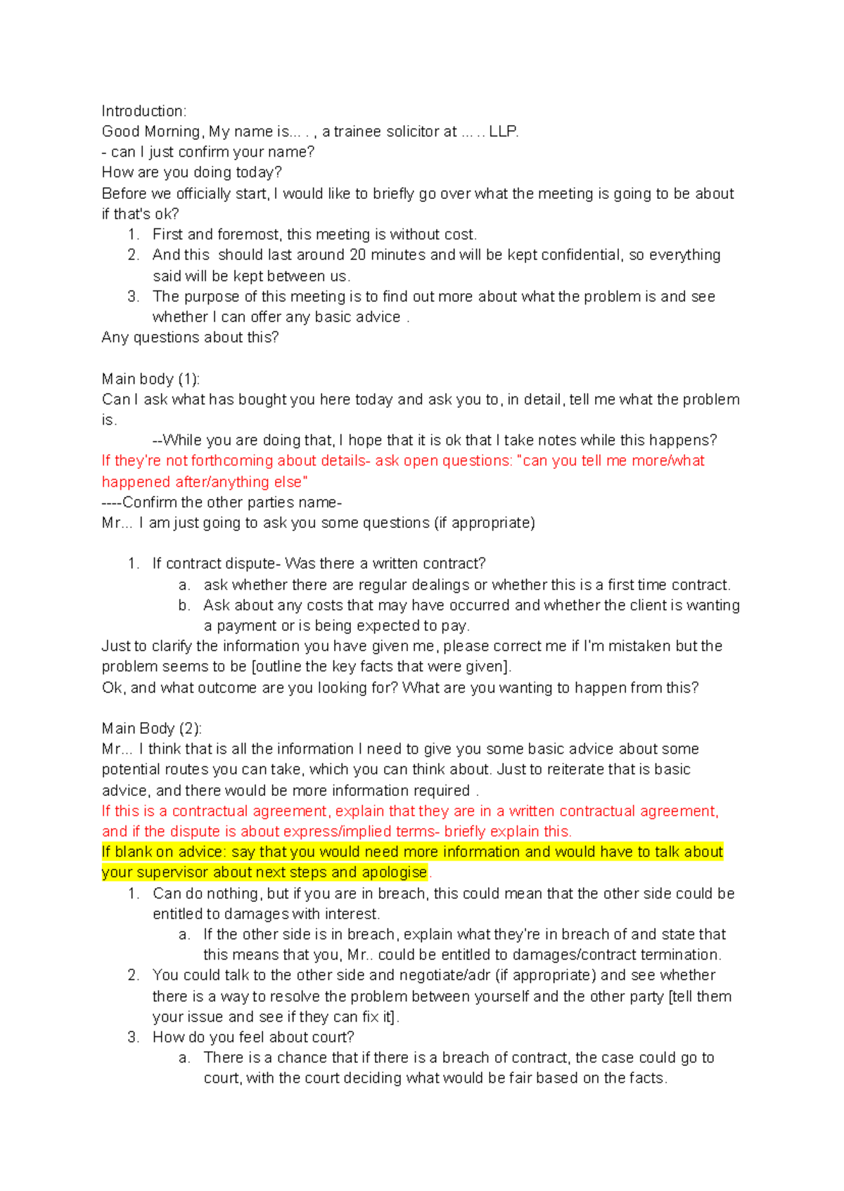 Client Interview Script for Trainee Solicitor - Guidance Notes - Studocu