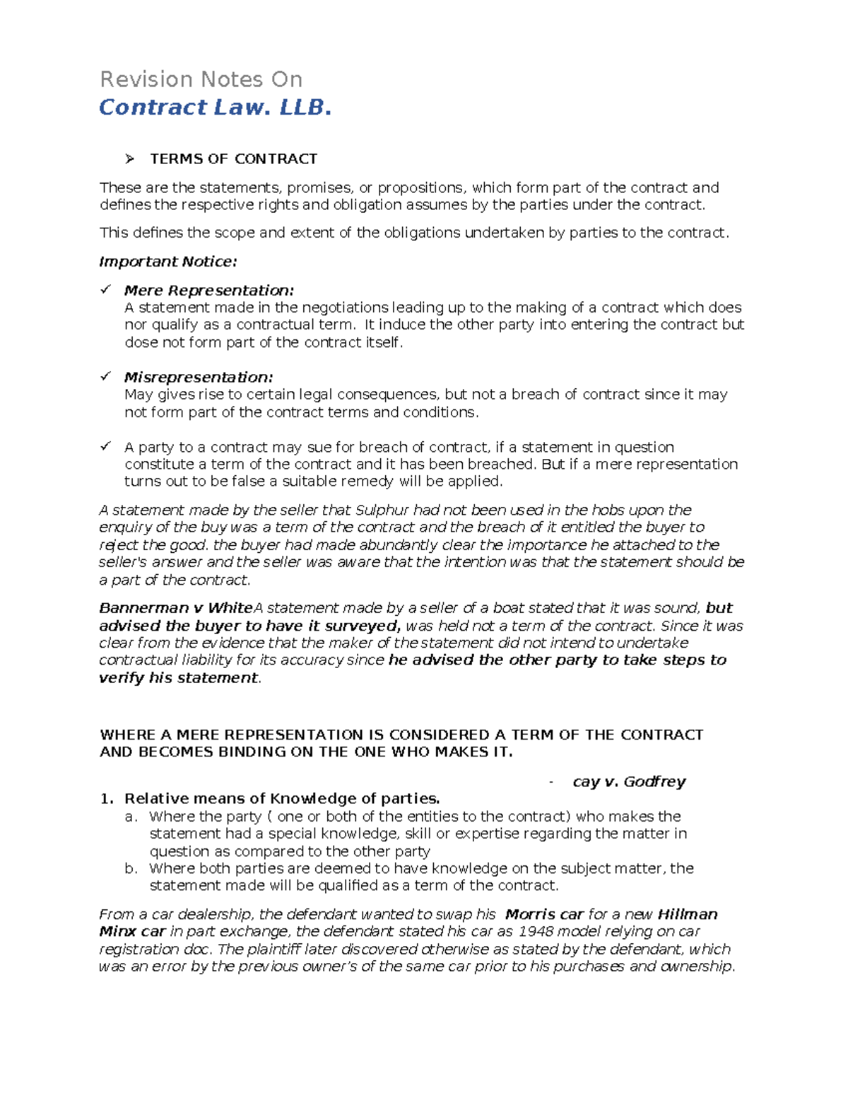 Revision Notes on Contract Law (LLB) - Studocu