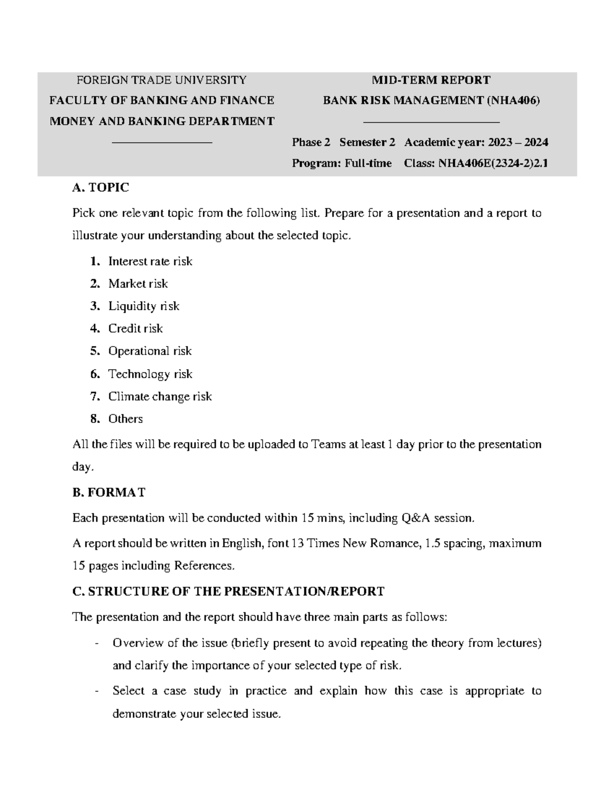 Mid-term Report on Bank Risk Management (NHA406) - 2024 Analysis - Studocu