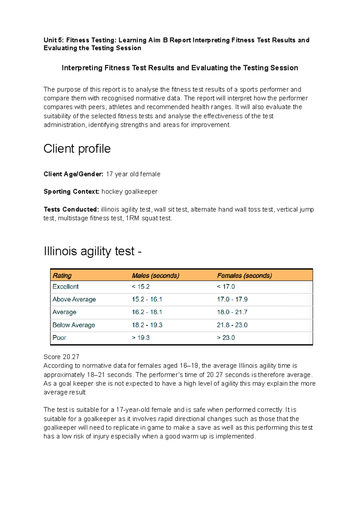 Unit 5: Fitness Testing - Learning Aim B Report on Test Results ...