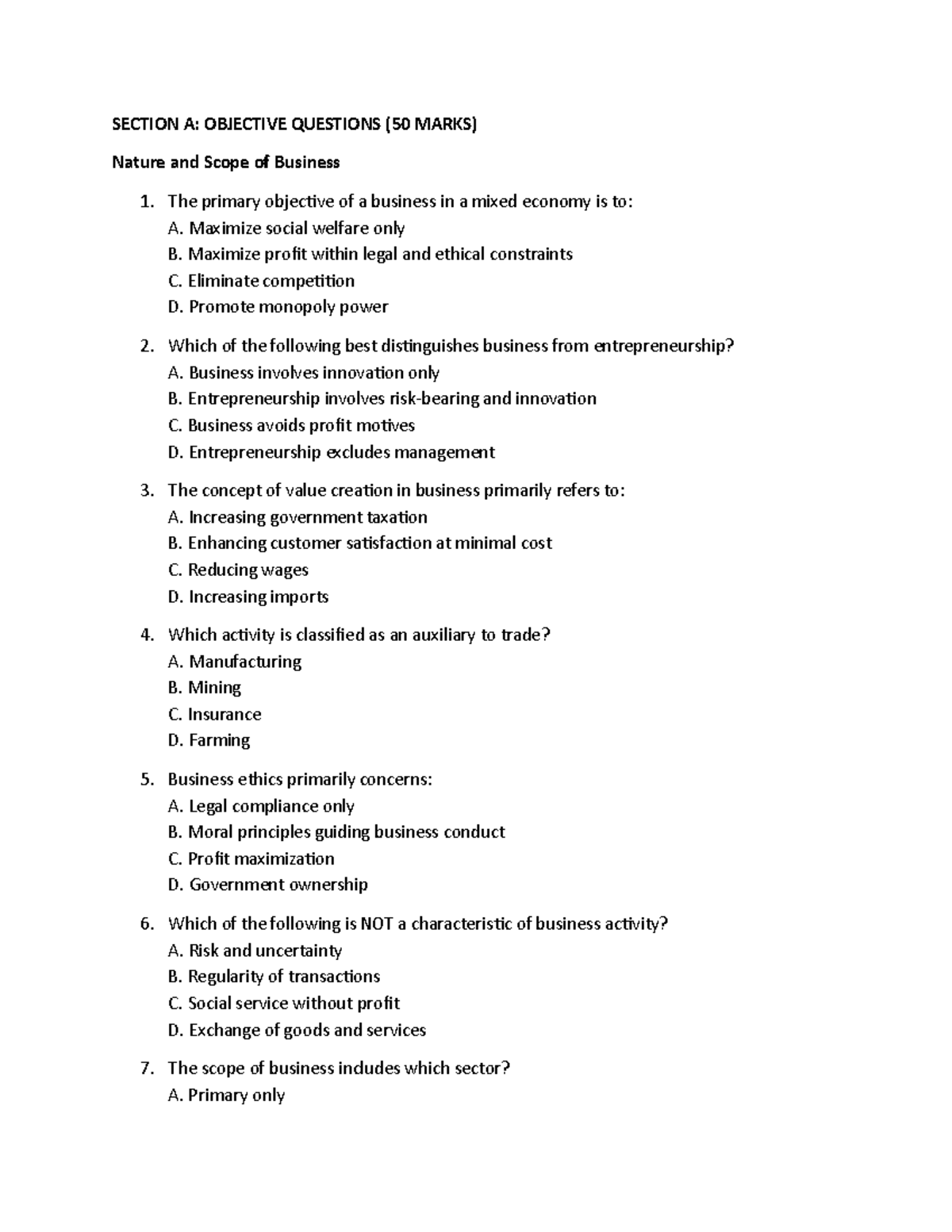 Business in Ghana: Objective Questions (50 Marks) - OBJ 26 - Studocu