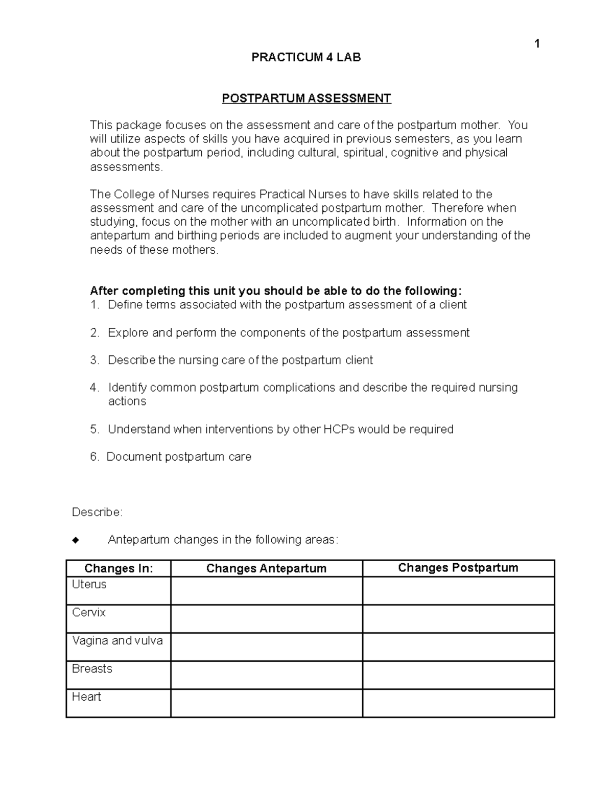 Practicum 4 Lab: Postpartum Assessment Learning Package (Jan 2020 ...