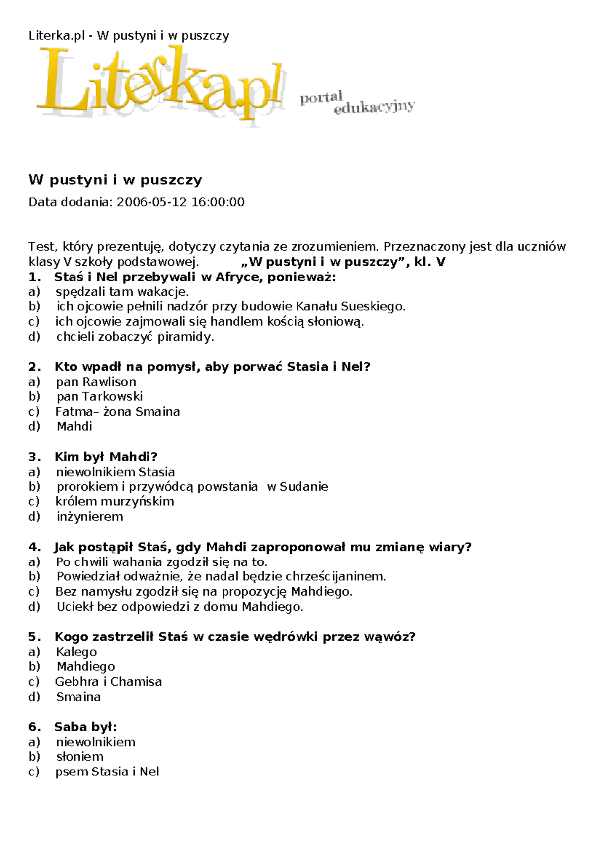 Sprawdzian W Pustyni Iw Puszczy Chomikuj