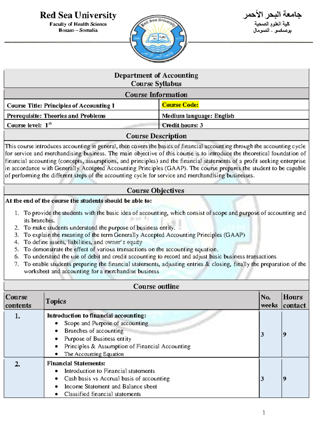 Principles of Accounting 1 - Course Syllabus Overview - Studocu