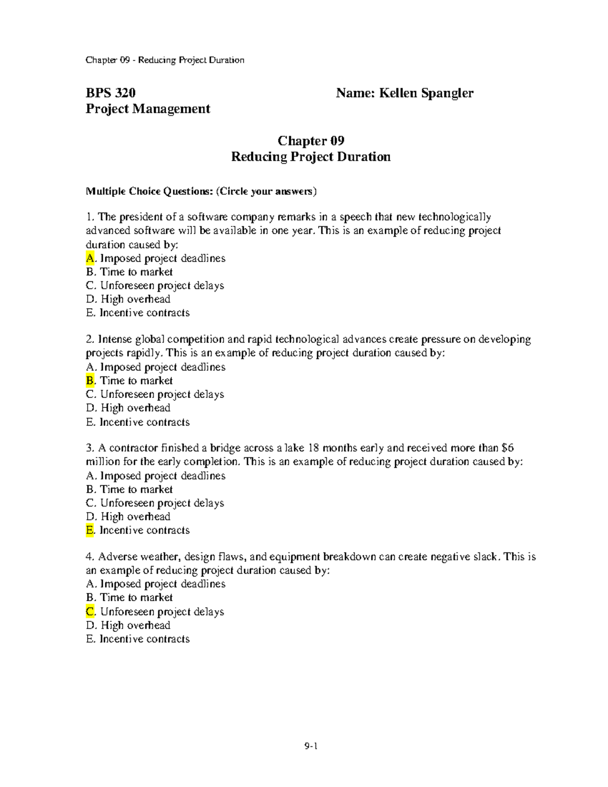 BPS 320 Project Management Chapter 09: Reducing Project Duration MCQs ...