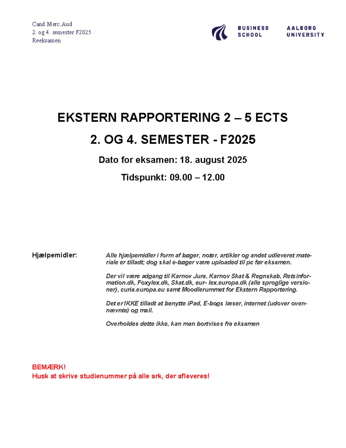 Reeksamensopgave: Ekstern Rapportering 2 - 5 ECTS - Cand.Merc.Aud F2025 ...