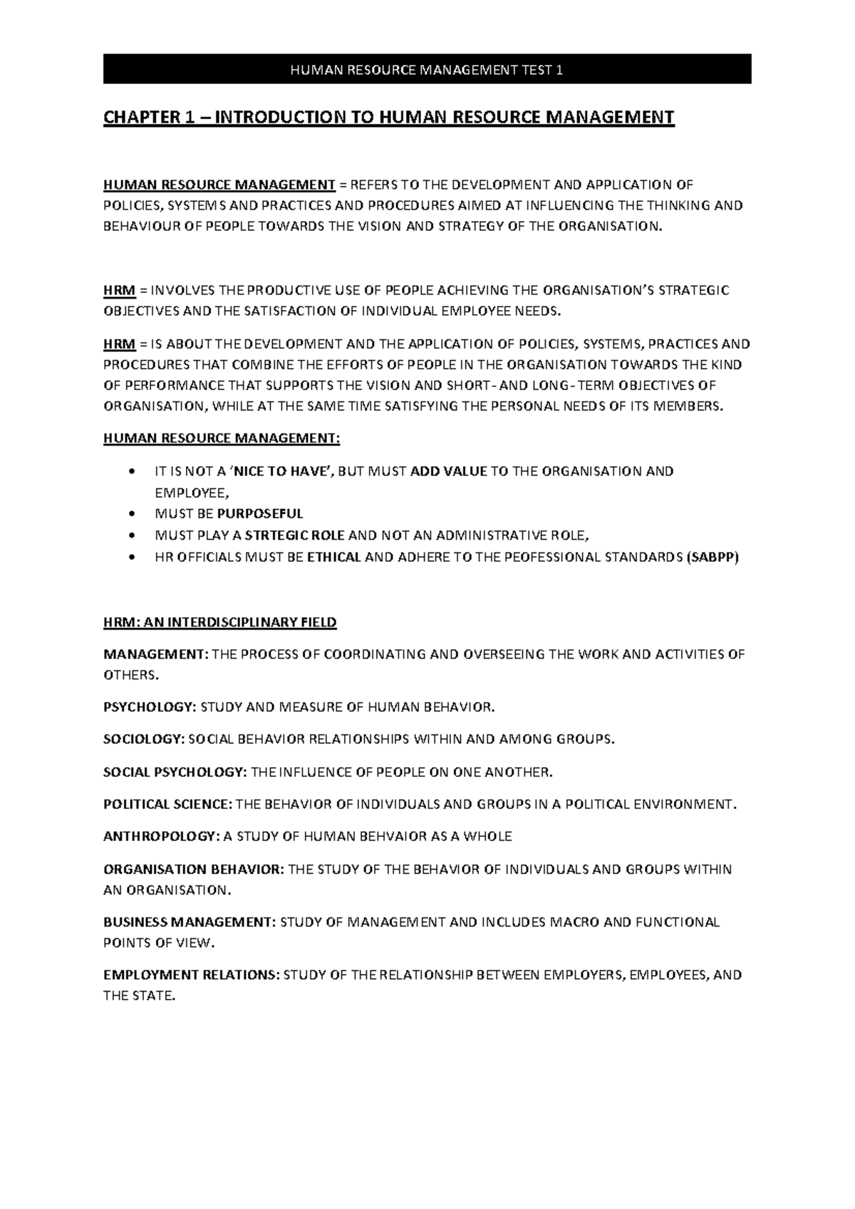 Human Resourse TEST 1 - test 1 notes - CHAPTER 1 – INTRODUCTION TO ...