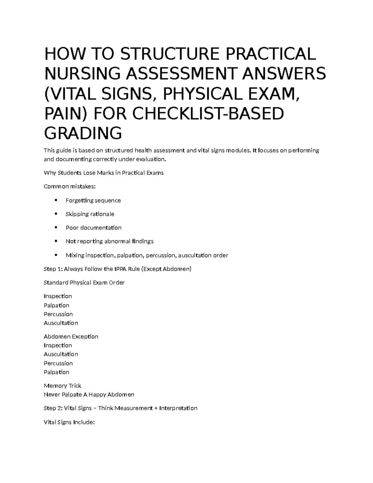 Practical Nursing Assessment Guide (VITAL SIGNS, PHYSICAL EXAM) - Studocu