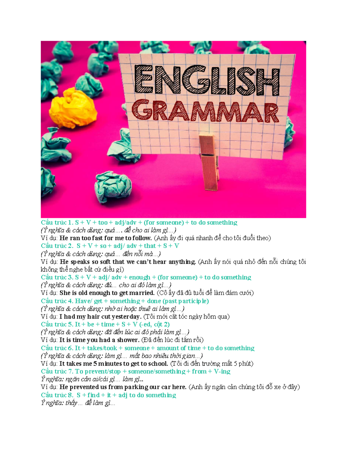 English Grammar Structures and Examples for Better Understanding - Studocu