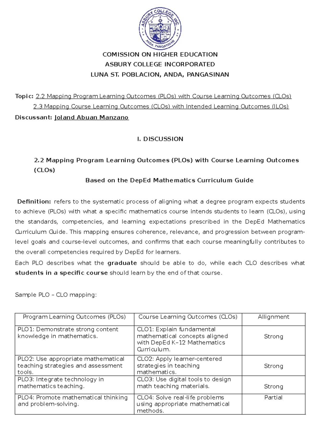 DP subject - Mapping Program Learning Outcomes (PLOs) with Course ...