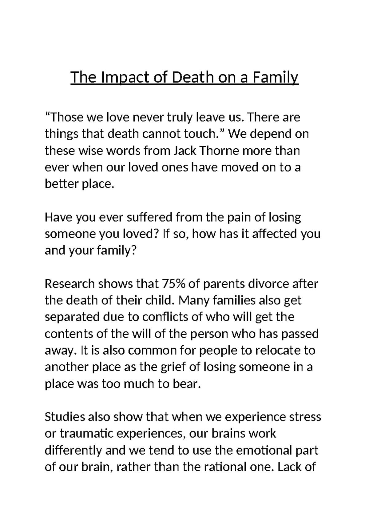 The Impact of Death on Family Dynamics: An English Essay - Studocu