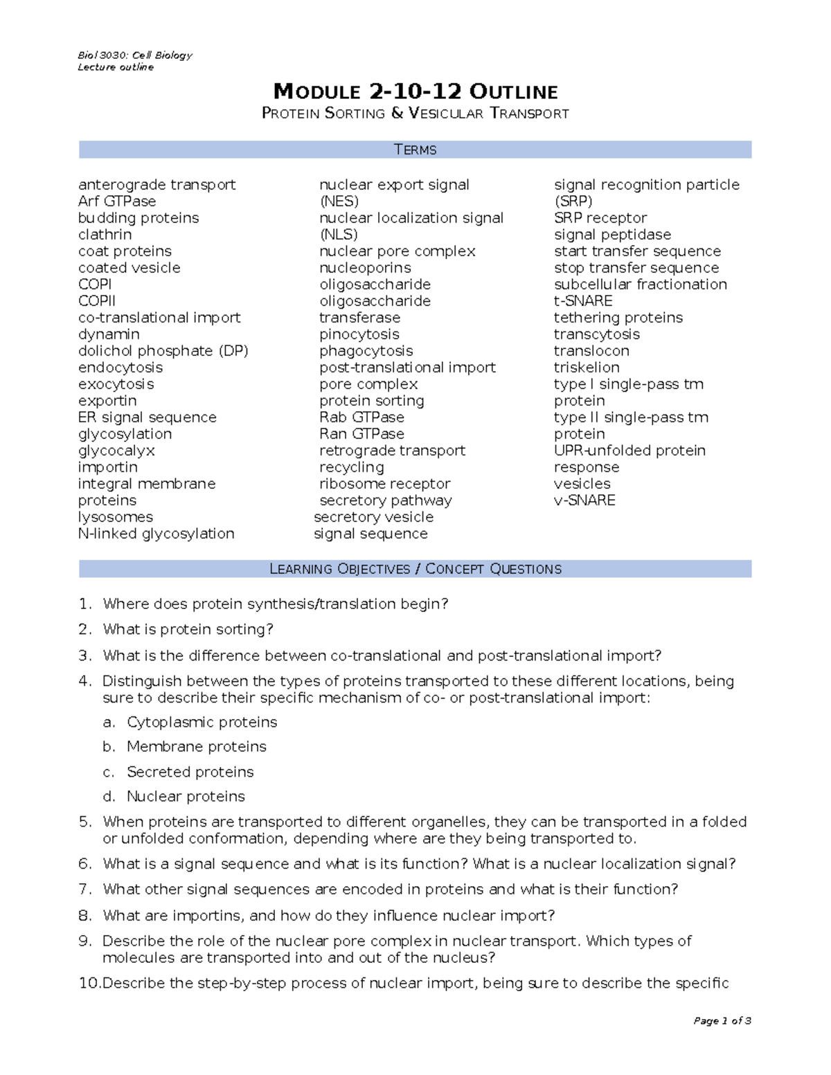 Biol 3030: Cell Biology Lecture Outline on Protein Sorting & Vesicular ...