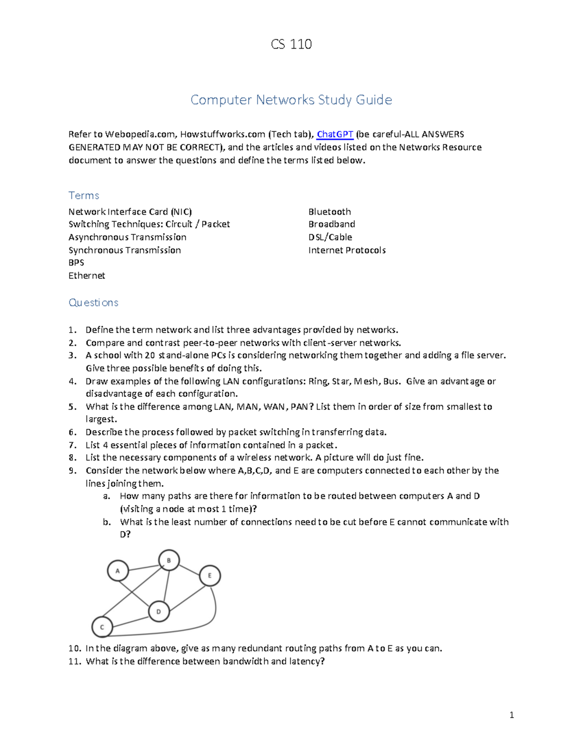 CS 110 Final Exam Study Guide: Computer Networks & Blown to Bits Ch. 4 ...