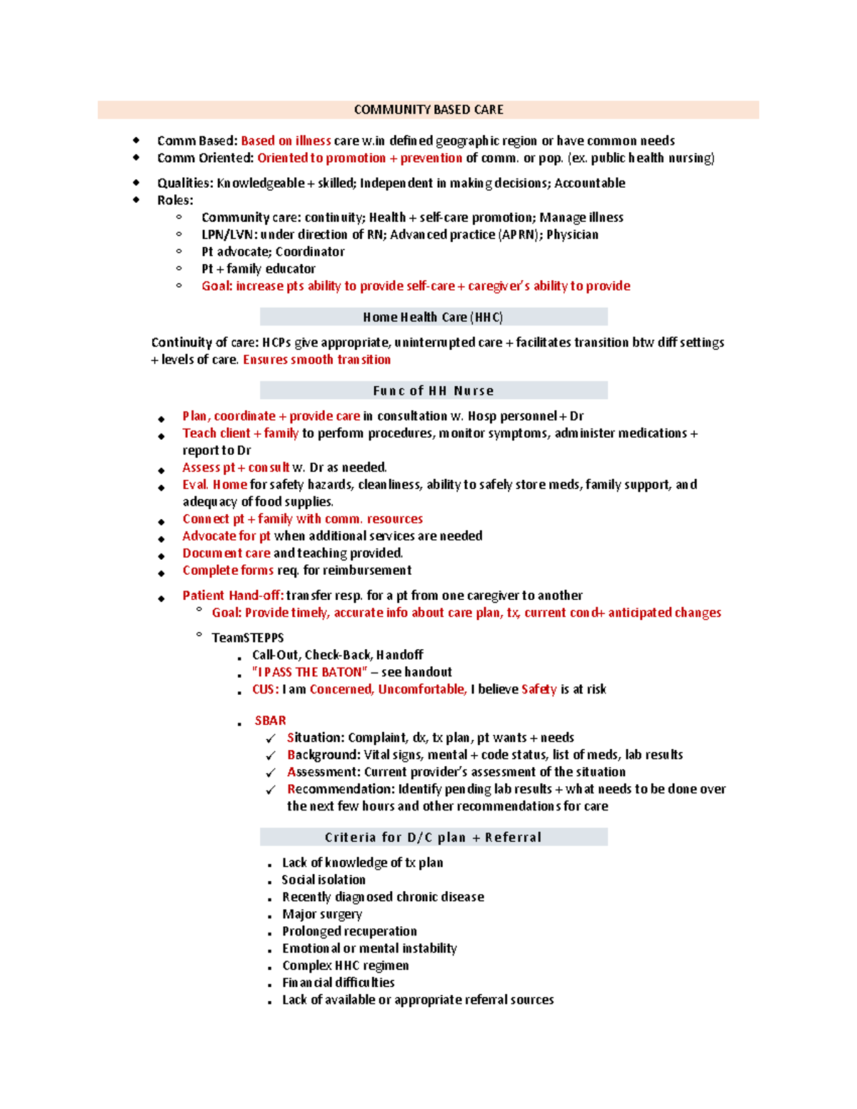 NUR 2001 - Exam 1 Objective Study Guide for Community-Based Care - Studocu