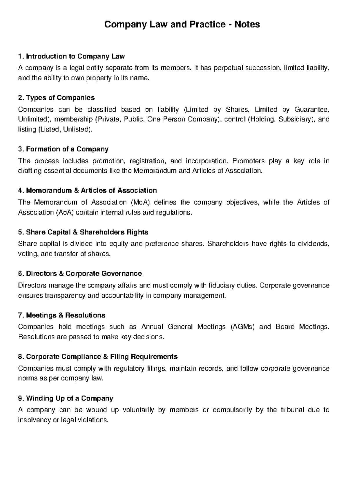 Company Law & Practice Notes: Overview & Key Concepts - Studocu