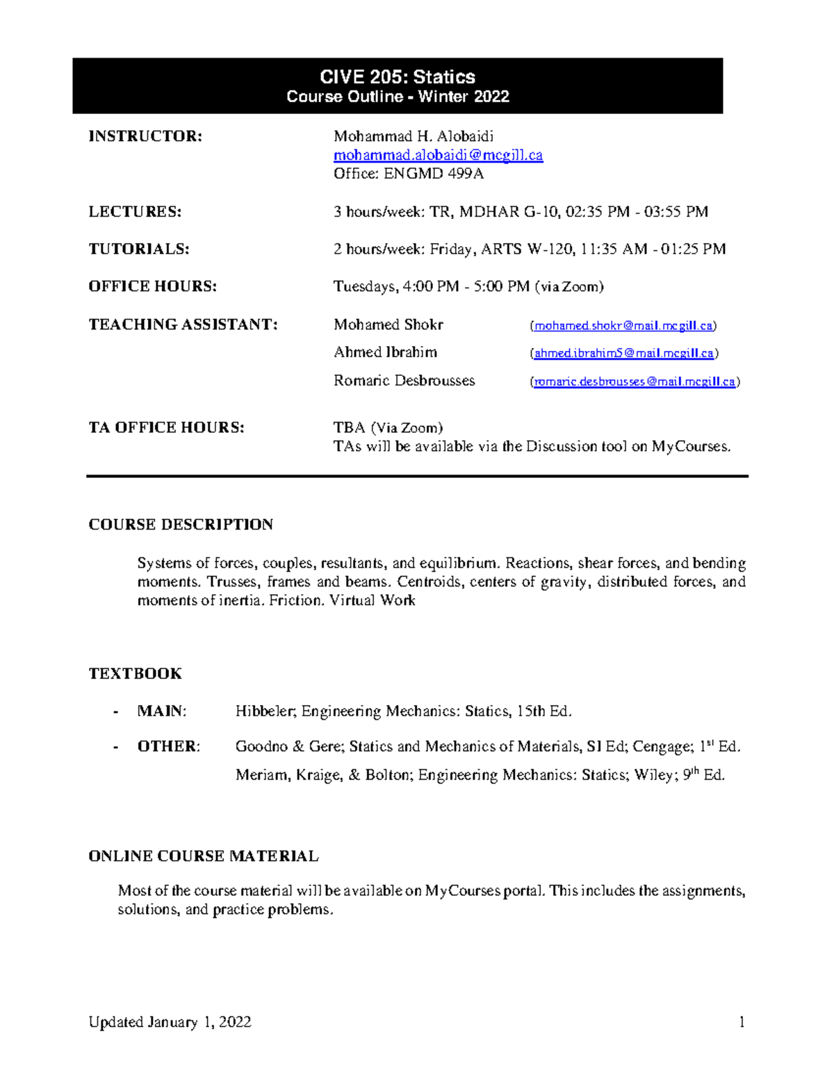 CIVE 205 - Statics Course Outline & Schedule - Winter 2022 - Studocu