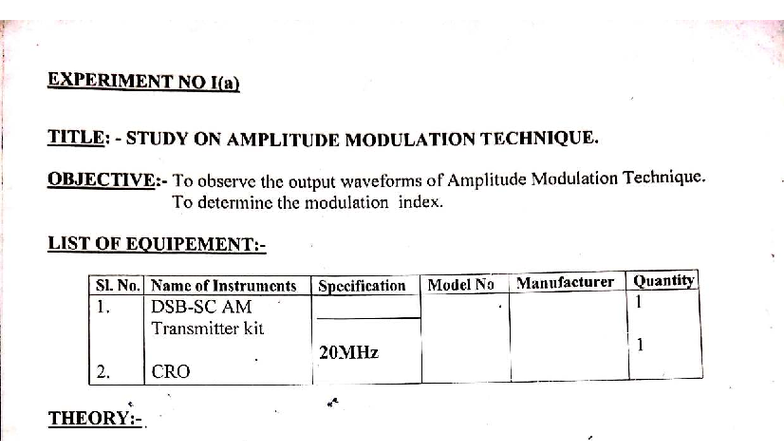 Experiment I(a): Amplitude Modulation Technique Study - Studocu