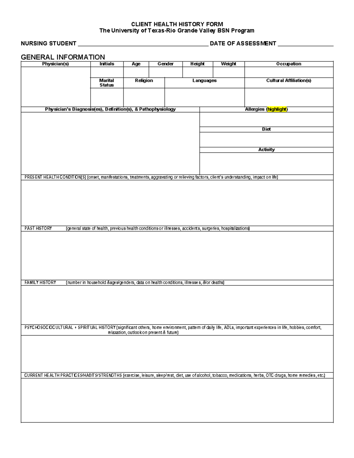 NURSING CARE PLAN FORM - UTRGV BSN PROGRAM - Studocu