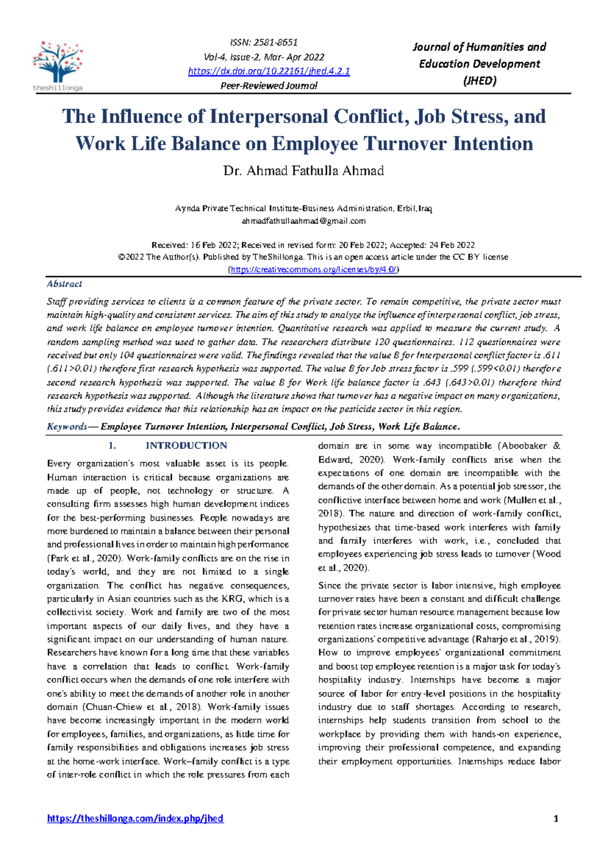 1the influence of interpersonal conflict - ISSN: 2581- 8651 Vol-4 ...