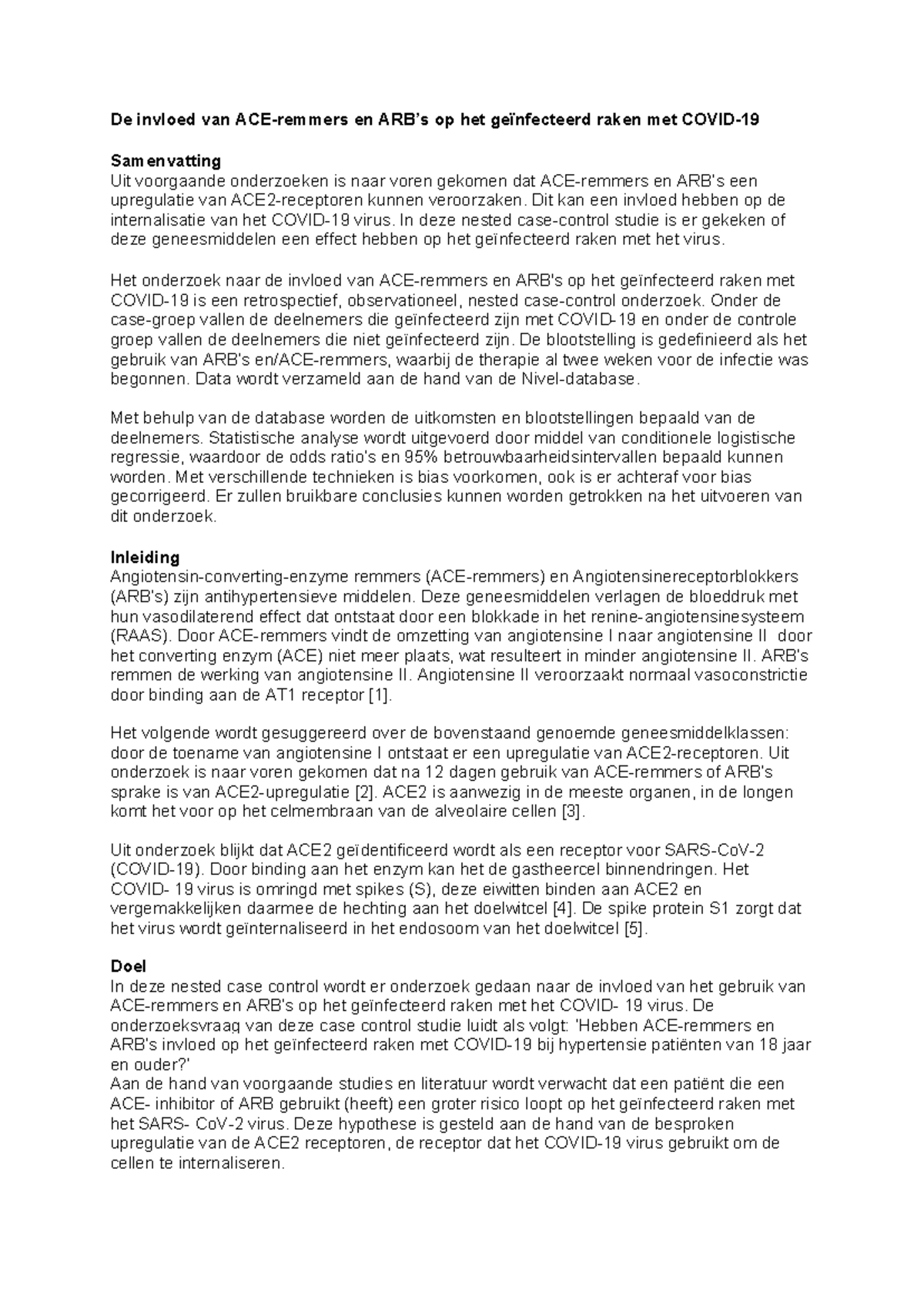 Protocol 302: Effecten van ACE-remmers en ARB's op COVID-19 Infectie ...