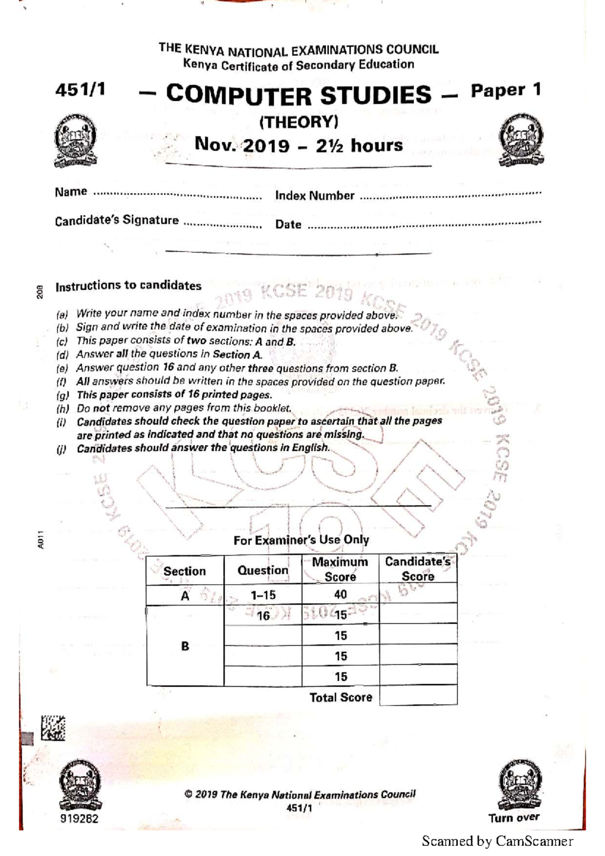 COMP P1 KCSE 2019 - Computer Studies Theory Exam Paper - Studocu