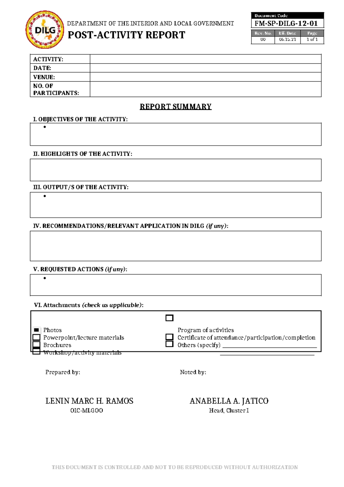 PAR Format - POST ACTIVIT REPORT - DEPARTMENT OF THE INTERIOR AND LOCAL ...