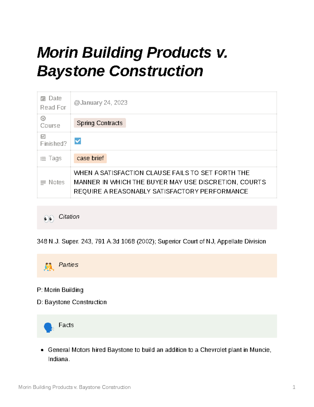 Morin Bldg. Products v. Baystone Constr. Case Brief - Spring Contracts ...