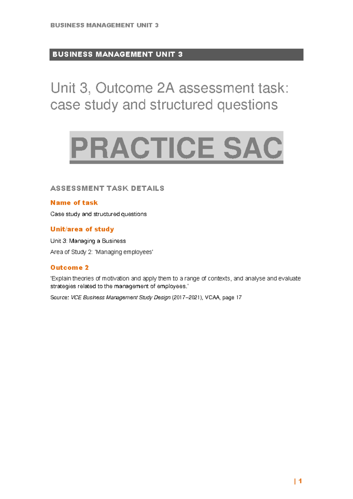 Practice sac AOS 2A - BUSINESS MANAGEMENT UNIT 3 Unit 3, Outcome 2A ...